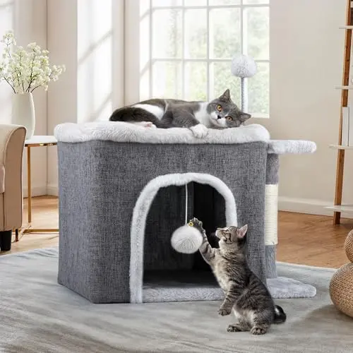 YITAHOME Katzenhaus Indoor mit Kratzbrett und Spielball, faltbar, 47x40x32 cm, große Katzenhöhle für mittelgroße Haustiere