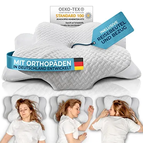 Glückstoff® Orthopädisches Kissen für alle Schlaftypen | Ergonomisches Nackenstützkissen für Seitenschläfer