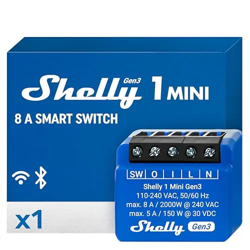 Shelly 1 Mini Gen3 - WLAN Smart Relaisschalter, 1 Kanal, 8A, für Licht, Garagentor, Heizung, Alexa & Google Home