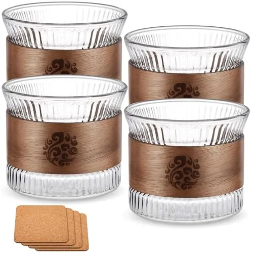Geiserailie 4er Set Espressotassen 170 ml mit Korkuntersetzer und Walnuss Holz, ideal für Kaffeeliebhaber