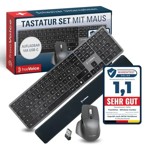 freeVoice Kabelloses Tastatur-Set mit Maus & Handgelenkauflage – Leise & flach für Büro und Home-Office