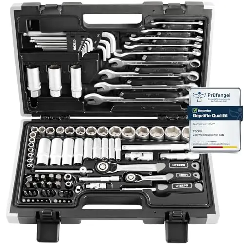 TECPO 92-teiliges Zoll Steckschlüssel Set im Werkzeugkoffer mit Ringschlüssel und Ratsche
