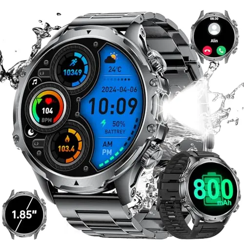 Herren Smartwatch 1.85'' HD Display, 800 mAh Akku, 100+ Sportmodi, 5ATM wasserdicht, Fitnessuhr für Android/iOS