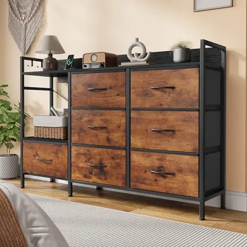 DWVO Kommode für Schlafzimmer mit 7 Stoffschubladen, 2 Steckdosen, 2 USB, TV-Schrank mit Haken – rustikales Braun