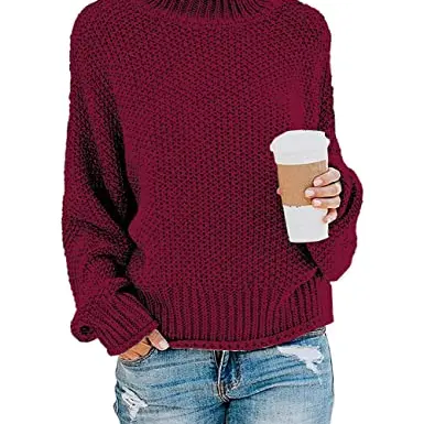 DEARCASE Damen Oversize Rollkragenpullover, Grobstrick für den Winter, Medium Wine Red