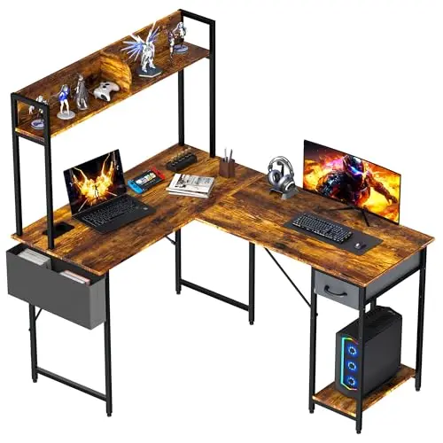 Yansee L-förmiger Gaming-Schreibtisch mit LED, 140x110cm, braun