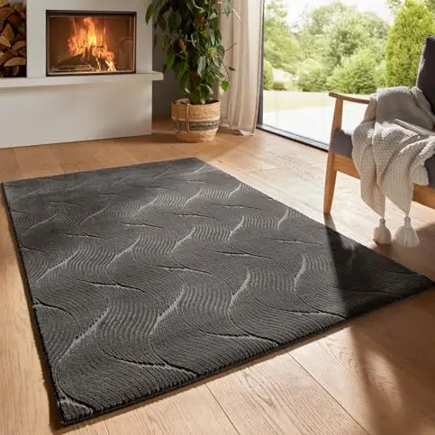 Taracarpet Kurzflor Boho Teppich 3D-Optik, waschbar und pflegeleicht, ideal für Wohnzimmer, Schlafzimmer, Kinderzimmer, Anthrazit, 060x120 cm