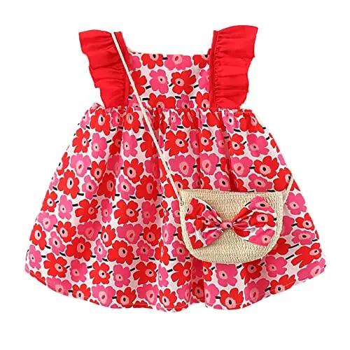 Haokaini Baby Mädchen Sommerkleid mit Blumenmuster und Erdbeere - Prinzessin Umhängetasche