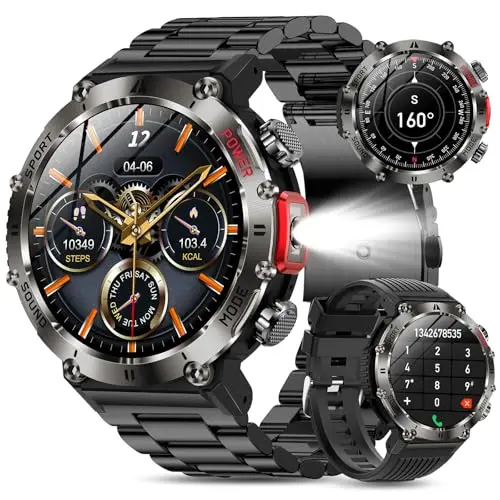 Lgnitek Militär Smartwatch für Herren, 1,43'' HD Display, Fitness-Tracker mit SOS-Notruf und Herzfrequenzmonitor