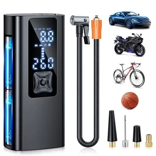 Elektrische Luftpumpe für Fahrrad & Auto - 150 PSI Akku Kompressor, tragbar mit USB-C, Taschenlampe & Powerbank