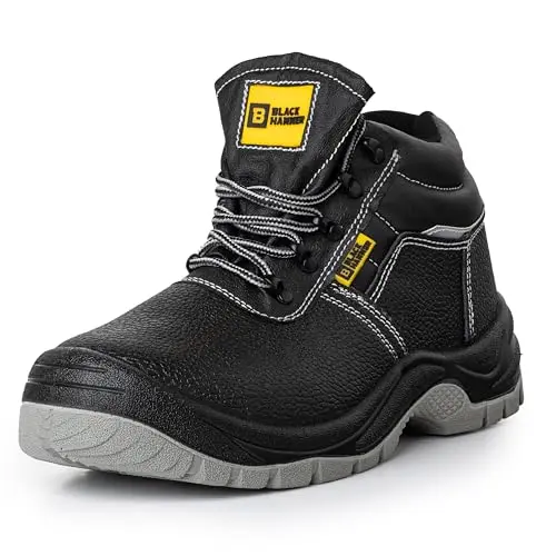BLACK HAMMER Sicherheitsarbeitsstiefel für Männer, robust und komfortabel, mit Stahlkappe, glattes Leder, S3 SRC, Größe 44 EU