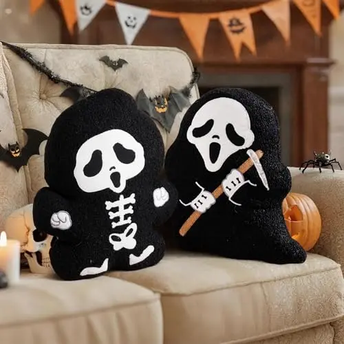 Lanpn 2 Stück Halloween Geist Kissen – Flauschige Geister Dekokissen für Party & Deko (Schwarz, 40x33cm)