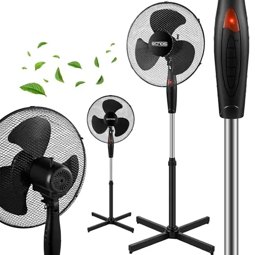 Echos® Standventilator Ø43cm, leise, energieeffizient, höhenverstellbar, 3 Geschwindigkeiten, 90° Oszillation, mobiler Bodenventilator