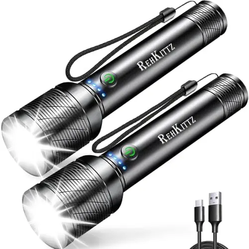 REHKITTZ LED Taschenlampe 2200 Lumen, Aufladbar, Mini, Aluminium, 5 Lichtmodi, Zoombar (2 Stück)