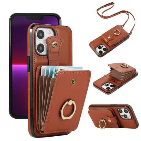 Asuwish iPhone 13 Pro Max Hülle mit Band und Kartenfach - Braun