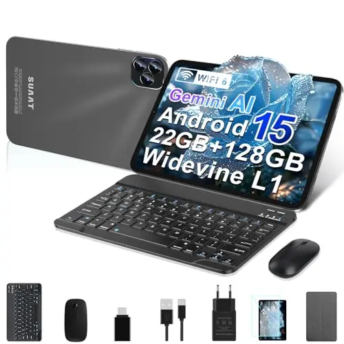 GOODTEL Android 15 Tablet 10.1 Zoll, 22 GB RAM, 128 GB ROM, Octa-Core, WLAN 5G, mit Hülle, Tastatur und Maus, Schwarz