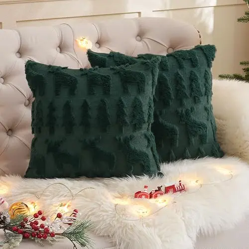 TOCOMOA 2er Set Kissenbezug Weihnachten 45x45 cm, Grün mit Weihnachtsbaum und Hirsch
