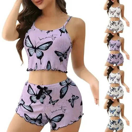 Damen Sommer Schlafanzug Zweiteiler: Leichtes, kurzes Camisole und Shorts, bequemes Loungewear Set