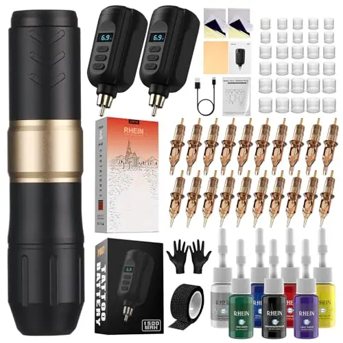 RHEIN Tattoo Maschine Set mit 2 Akkus und 20 Farben Tattoo Cartridges – Komplettes Zubehör