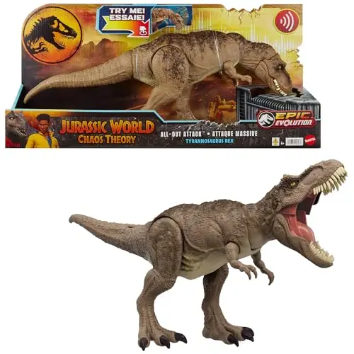 Mattel Jurassic World - T-Rex Dinosaurier Actionfigur mit Stampfattacke, Beißen und Brüllen