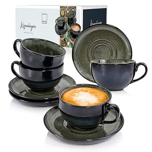 Kaffeetassen Set Kopenhagen 8-tlg. für 4 Personen, spülmaschinenfest, grau mit grünem Innen, 200 ml – PREMIUM COLLECTION