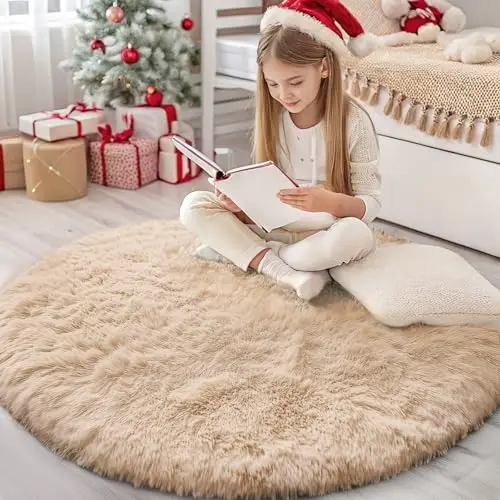 Homaxy Hochflor Teppich Rund Beige, Waschbar und Antirutsch, 200 cm für Wohnzimmer, Kinderzimmer, Schlafzimmer