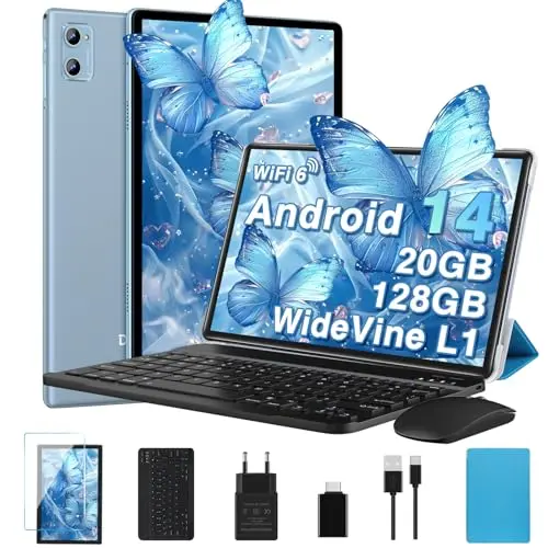 DEERTiME 2025 Android 14 Tablet 10 Zoll, 20GB RAM, 128GB ROM, WLAN 6, 5G, 8-Core, 6000mAh, mit Tastatur und Maus - Blau