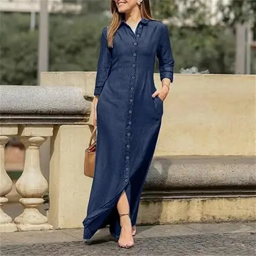Langes Damenkleid mit Hemdkragen, langärmelig, einfarbig, tiefes Blau, für alle Jahreszeiten