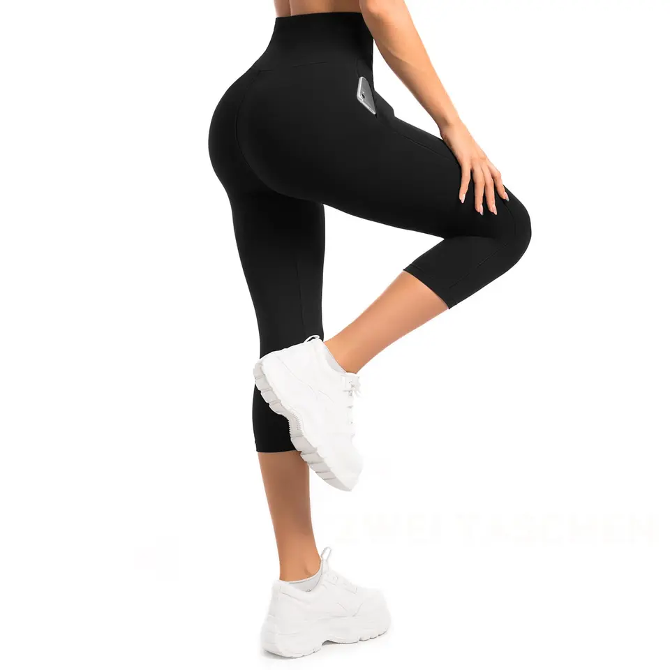 Sanpetix Capri Leggings Damen mit Taschen, 3/4 Sport Leggings für Yoga, Schwarz, 1 Pack