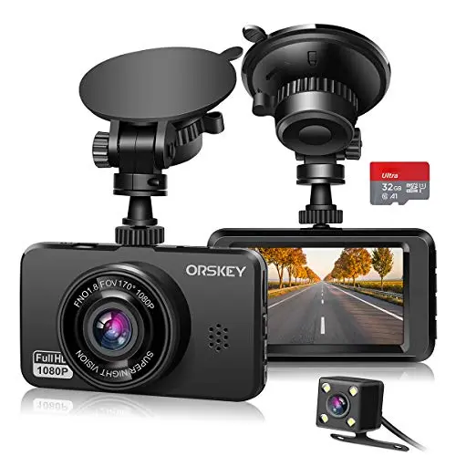 ORSKEY Dashcam für Auto Vorne und Hinten mit 32GB SD-Karte - 1080P Full HD, Doppelobjektiv, 170° Weitwinkel, Loop-Aufnahme