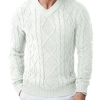 COOFANDY Herren V-Ausschnitt Strickpullover Slim Fit Weiß