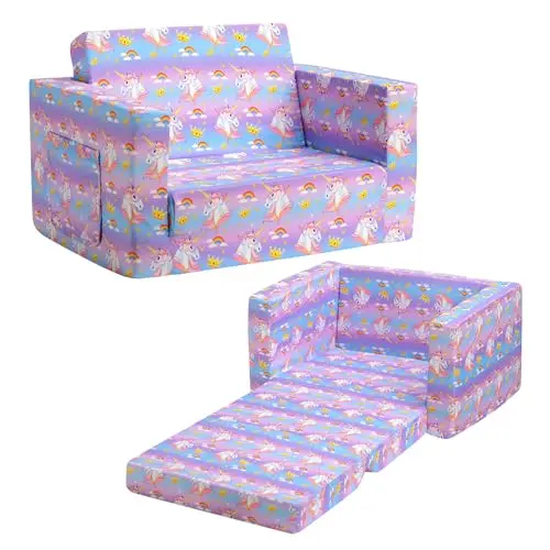 BEJOY 2-in-1 Kindersofa mit Schlaffunktion - Ausklappbares Einhorn-Sofa für Mädchen und Jungen