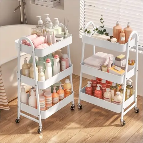StowBin 3-stöckiger Metallrollwagen, weißer Servierwagen für Küche, Wohnzimmer, Bad und Büro