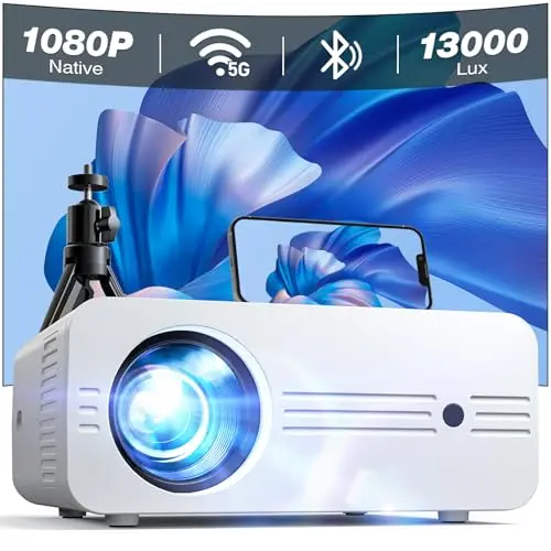 iZEEKER Mini Beamer 1080P Full HD, 13000 Lux, 5G WiFi, Bluetooth, Tragbarer Projektor für Heimkino (Tasche & Stativ Inklusive)