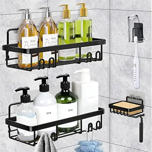 Multper Duschablage Set – 4er Duschregal schwarz mit Seifenschale und 8 Haken, ideal für Badezimmer und Küche
