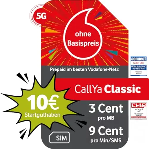 Vodafone Prepaid CallYa Classic | 10 EUR Startguthaben | Ohne Vertrag | 5G-Netz