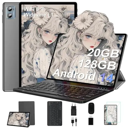 SUAAT 10 Zoll Tablet, Android 14, 20GB RAM, 128GB ROM, Octa-Core, WiFi 6, inkl. Tastatur und Maus, Grau