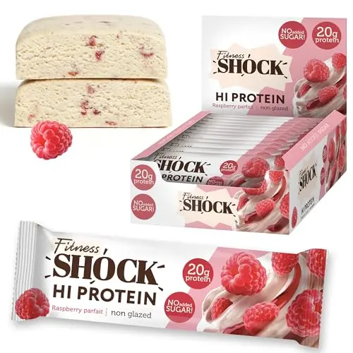 FitnesSHOCK Proteinriegel Set, 12 Stück, Himbeere-Parfait, kalorienarm, zuckerfrei, low carb, ballaststoffreich, 60g