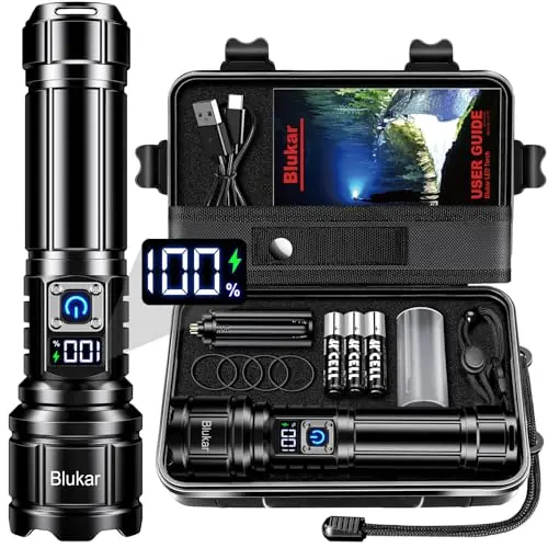 Blukar LED Taschenlampe, Aufladbar, 5 Lichtmodi, IP67 Wasserdicht, Ideal für Camping und Outdoor