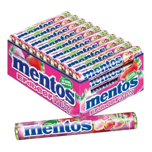 Mentos Erdbeere-Mix, süß-saure Frucht-Bonbons, vegan, Multipack (40 Rollen)