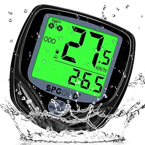 SPGOOD Kabelloser Fahrradcomputer mit 19 Funktionen und beleuchtetem Display, IP54 wasserdicht, Schwarz