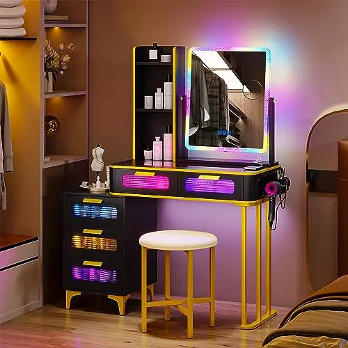 Lvifur RGB Schminktisch mit USB-Anschluss und Hocker, 7-farbig dimmbar, 5 Schubladen für Schlafzimmer