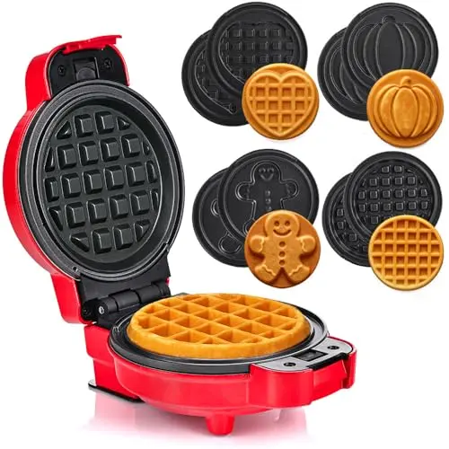 LEHMANN 4-in-1 Mini Waffeleisen - Kürbis, Lebkuchen, Herz & Klassisch für Feiertage, Halloween, Weihnachten, Kindergeburtstage