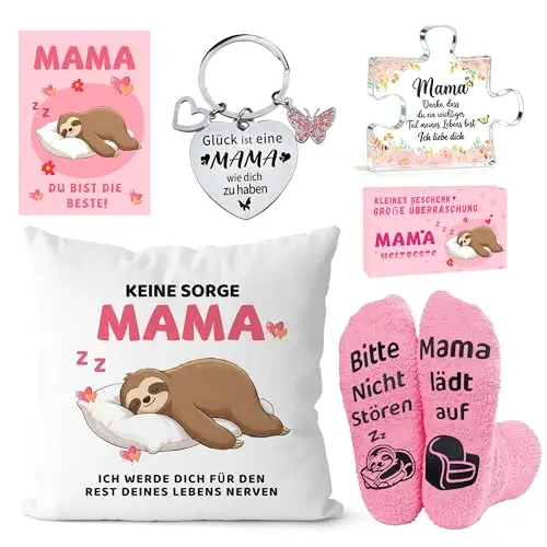 iDattel Geschenkset für Mama – Kissenbezug, Kuschelsocken, Schlüsselanhänger und liebevoller Spruch