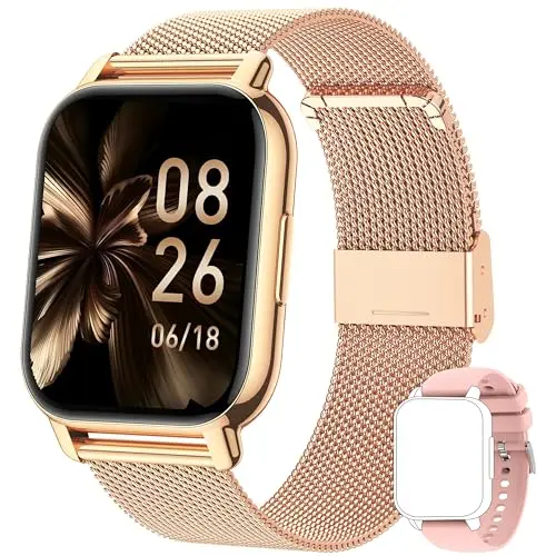 Popglory Smartwatch für Herren und Damen, 100+ Sportmodi, Fitnessuhr mit Bluetooth Anrufen, Herzfrequenz- und Schlafmonitor, 2 Armbänder
