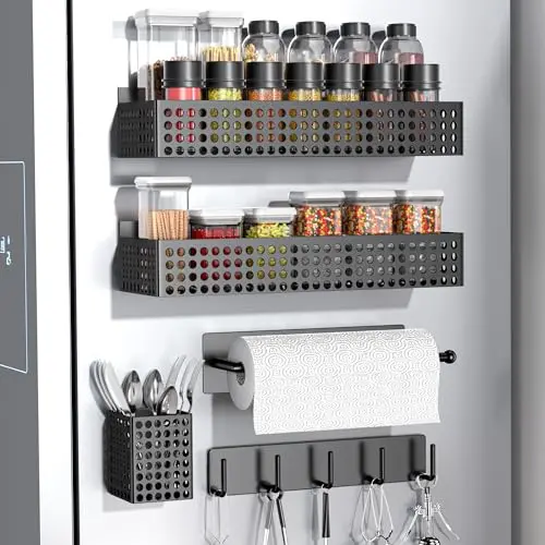 Draome 5er Magnet-Küchenregal für Kühlschrank mit Gewürzhalter & Haken