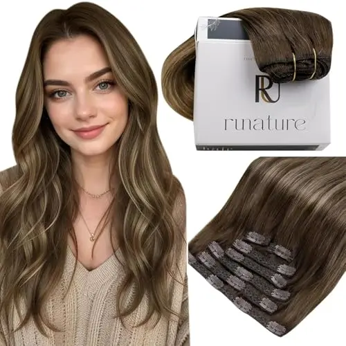 RUNATURE Echthaar Extensions Clip Braun Balayage Ombre Blond 55cm 7 Stück