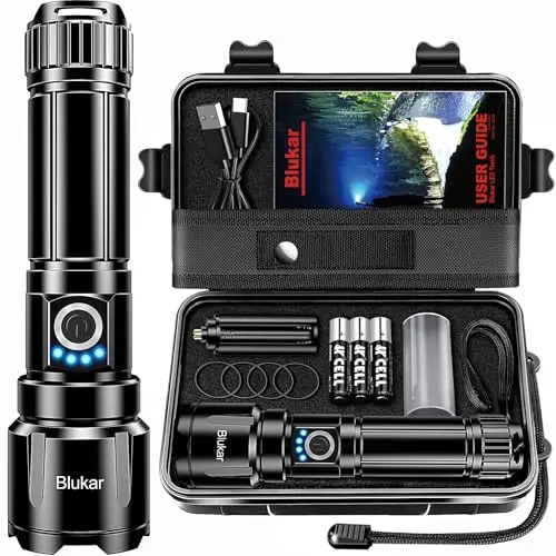 Blukar LED Taschenlampe, 5 Lichtmodi, aufladbar, wasserdicht, für Camping, Wandern, Outdoor, Angeln, Notfälle