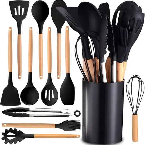 Retoo Küchenhelfer Set 12-teilig Hitzebeständiges Kochbesteck mit Utensilienhalter Schwarz