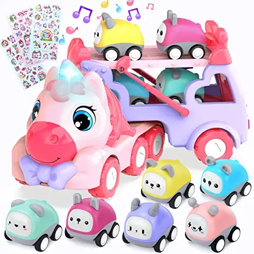 seveclotree Kinderspielzeug Auto, 7-in-1 Transporter LKW mit Licht und Musik, ab 2 Jahren, Geschenk für Mädchen und Jungen (3-6 Jahre)